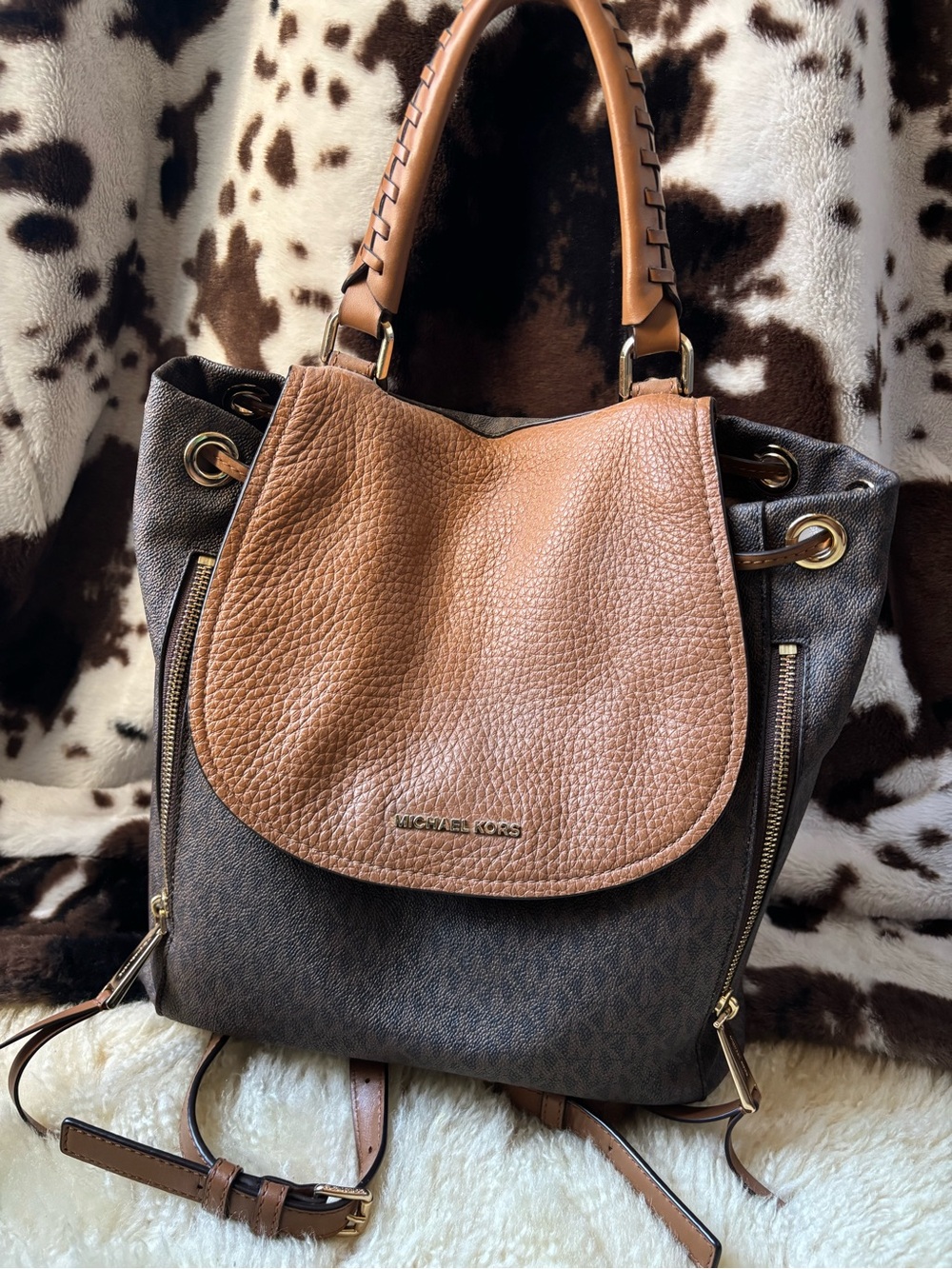 Michael Kors Brown & Tan Leather Convertible Backpack